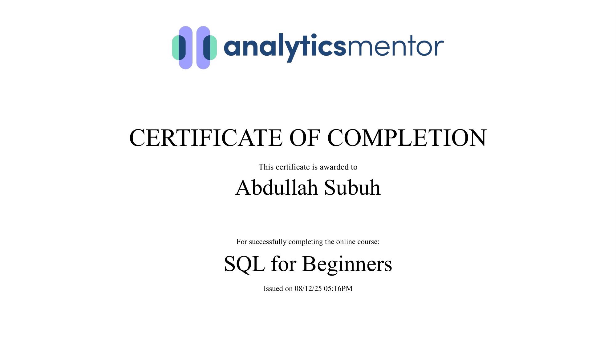 Certificate: SQL for Beginners — Analytics Mentor